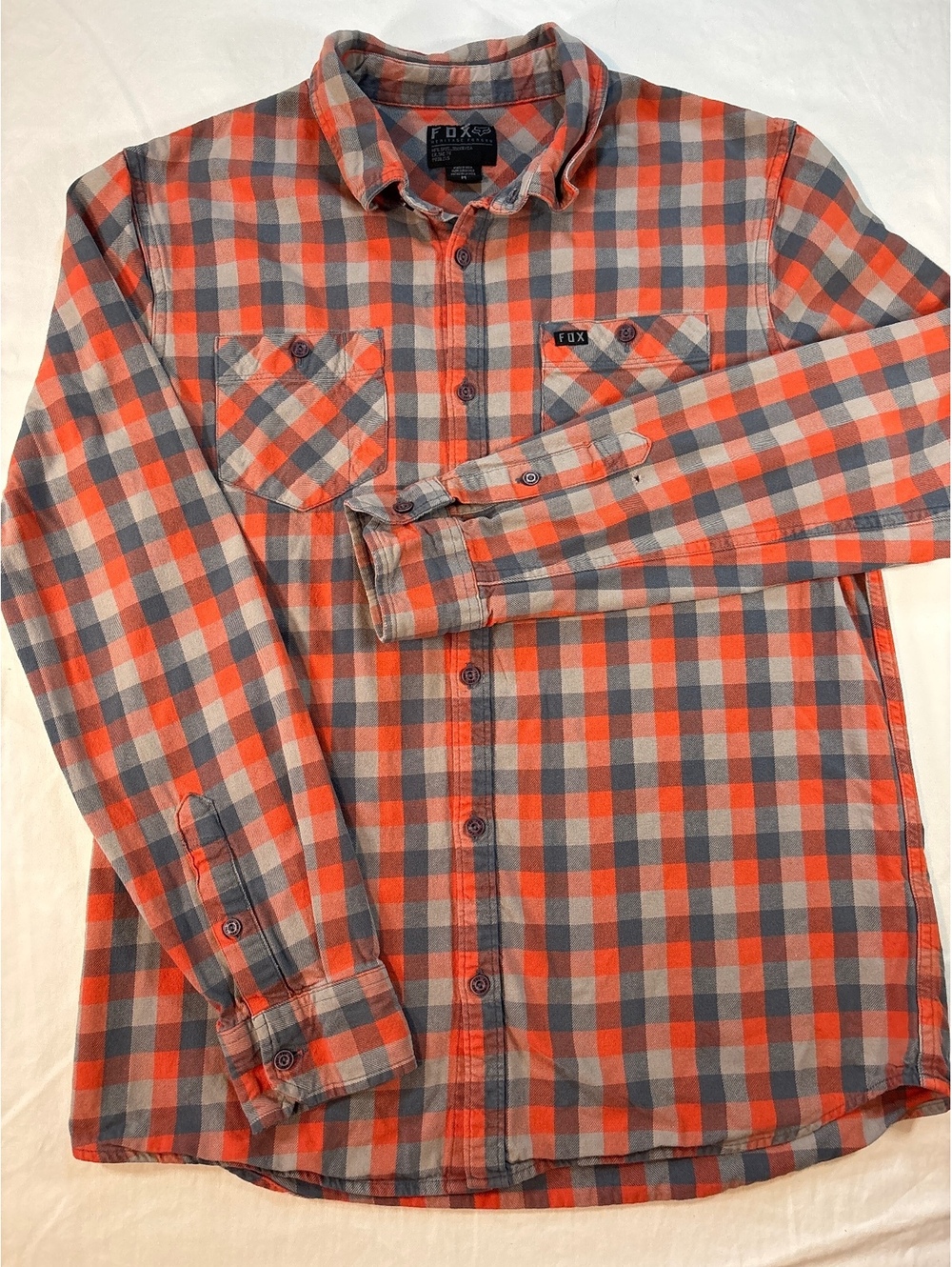 Fox Racing Heritage Forged Distressed Plaid Flannel Shirt Orange Grey Men’s M